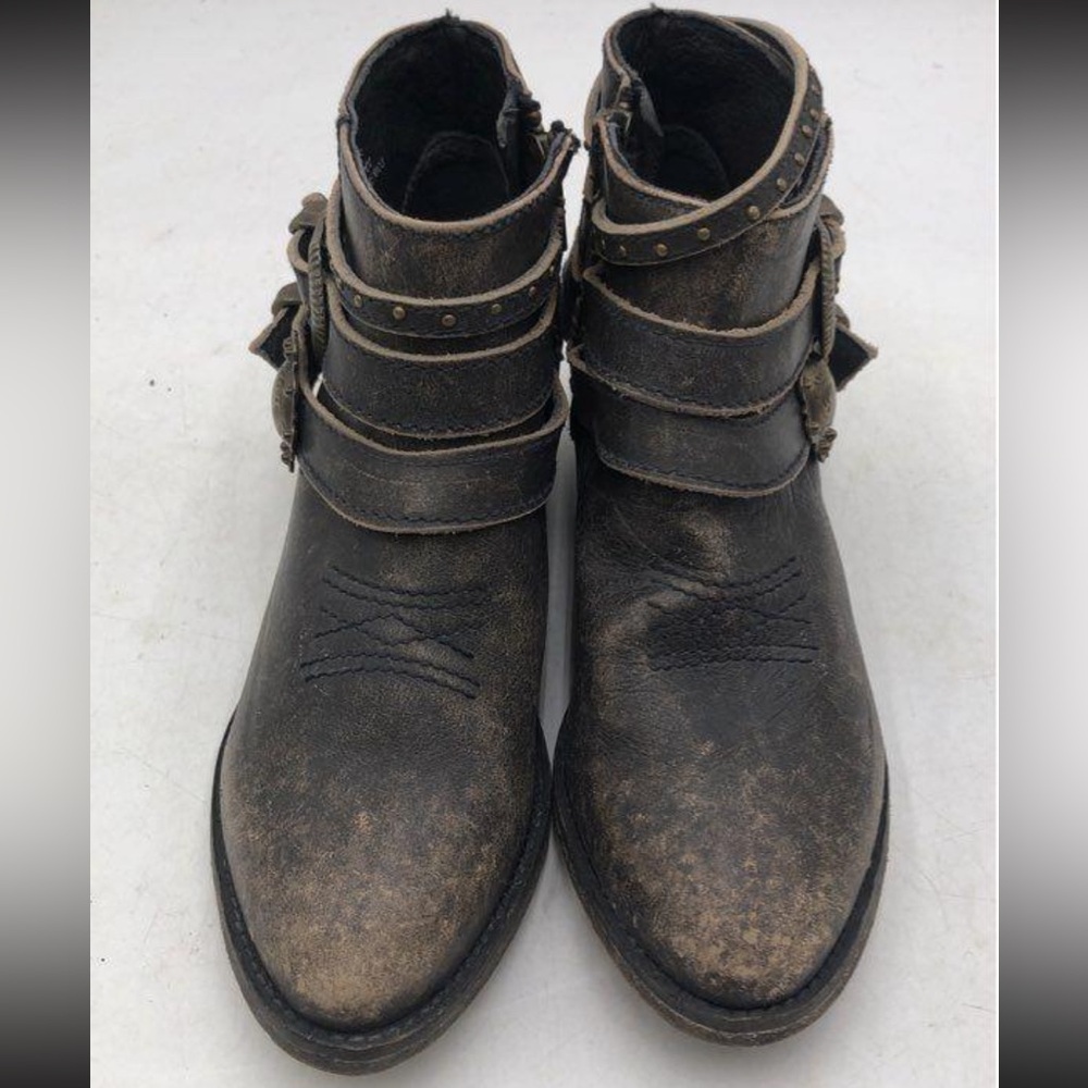 Corral Distressed Concho Multi Buckle Brown Ankle Boots Size 6